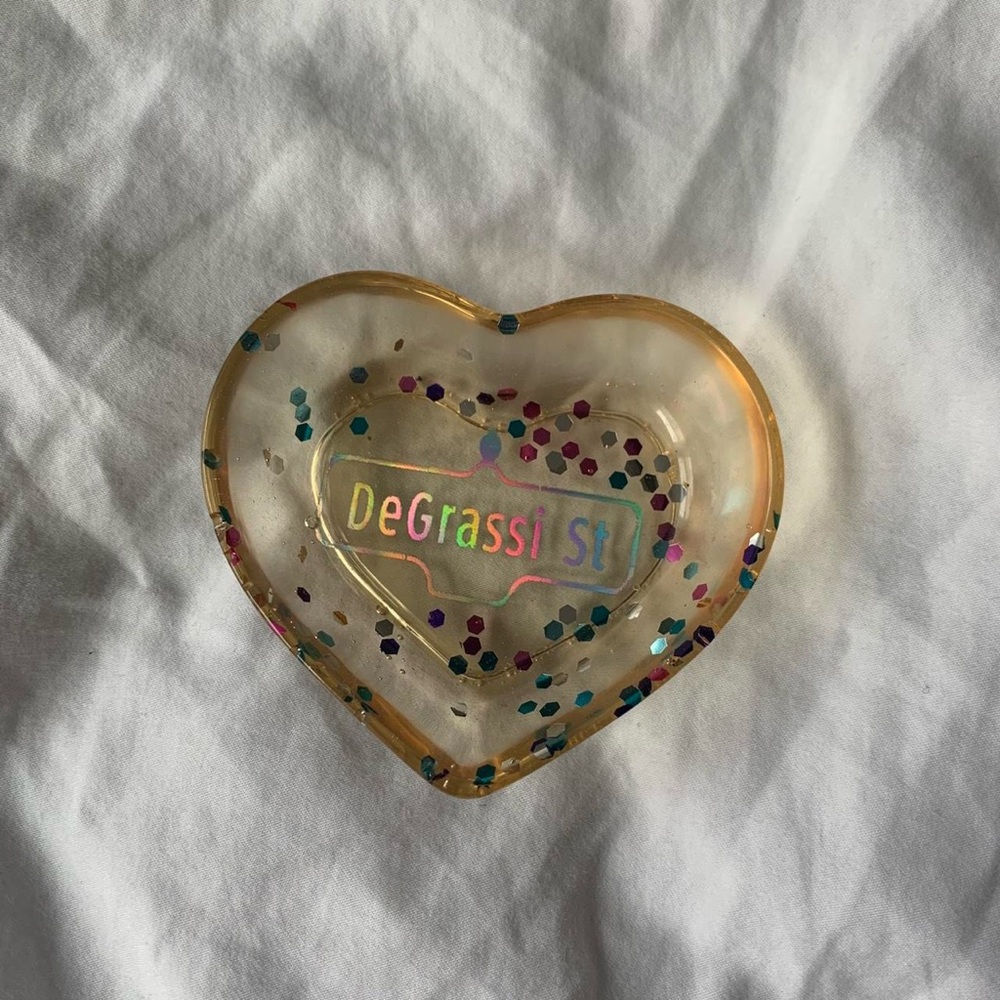 handmade heart shaped degrassi themed holographic glitter trinket/jewelry dish